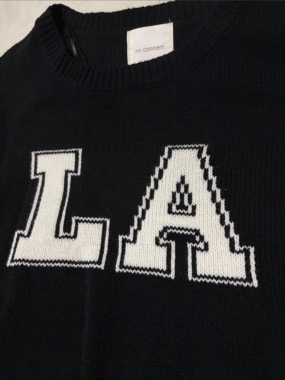 No Comment Black LA Crewneck Sweater with Distressed Cuffs and Trim